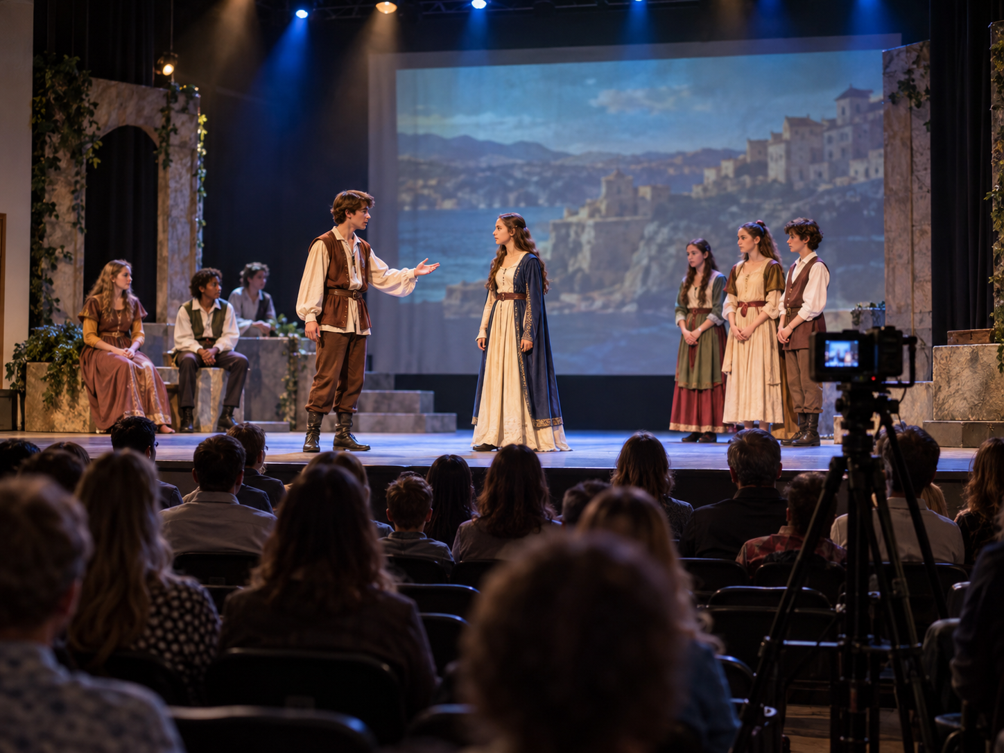 School theatre performance with projection and video camera