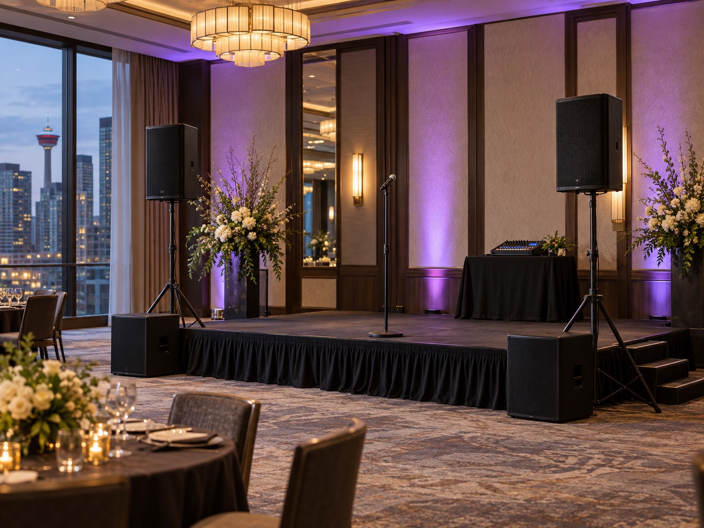 Conventional point-source event audio in a ballroom