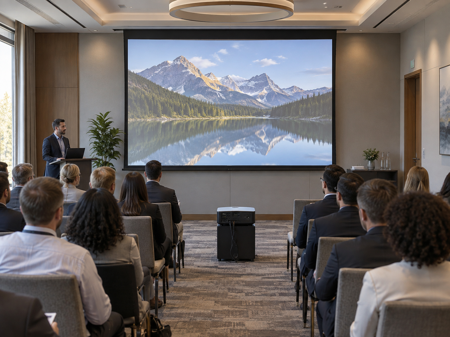 120-inch projection screen at a small corporate meeting