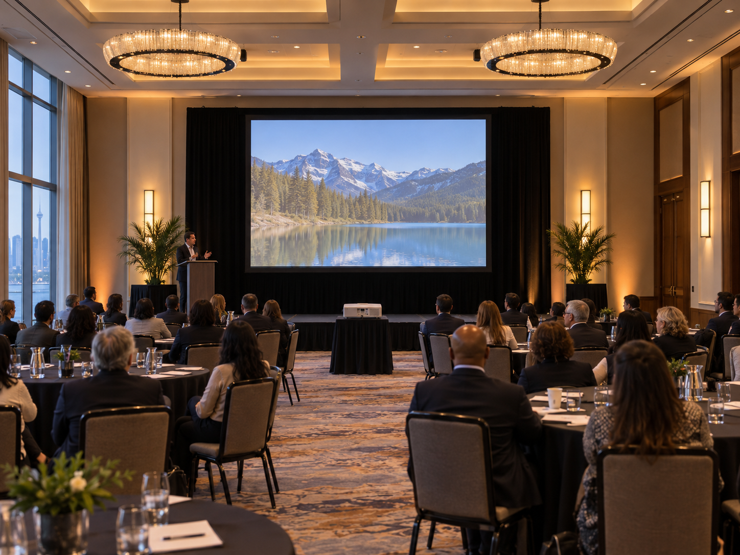 150-inch projection screen at a hotel ballroom keynote