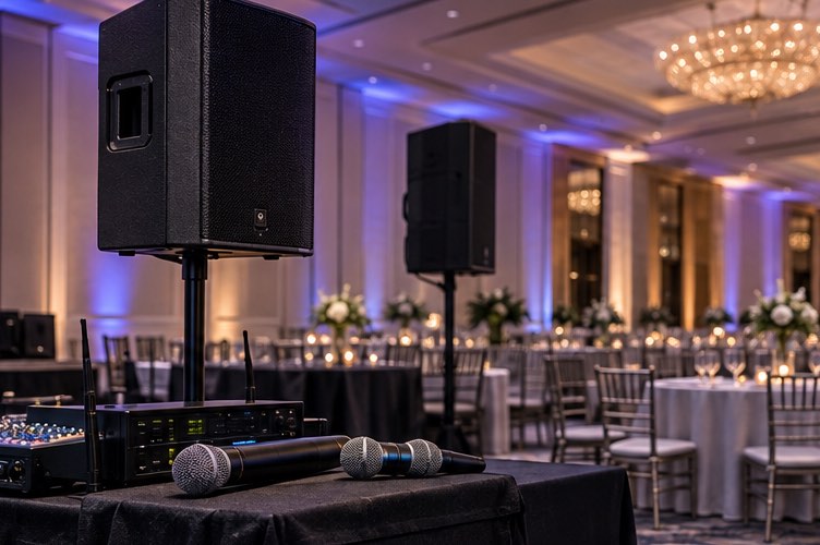 Professional audio equipment prepared for an event