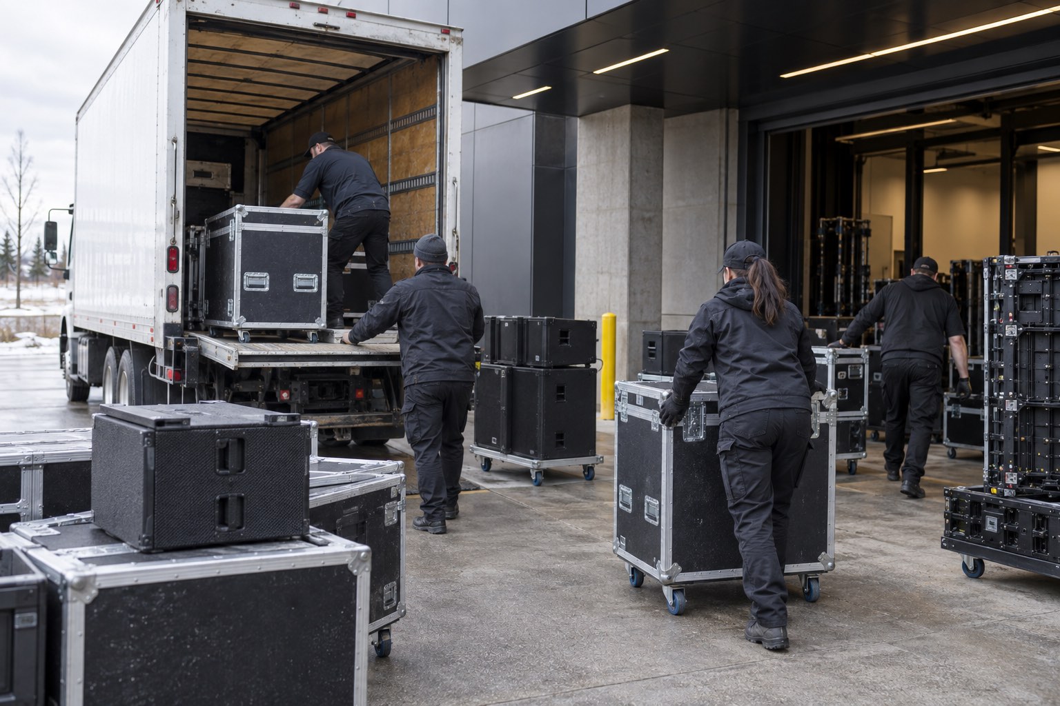 AV equipment arriving at a venue loading area