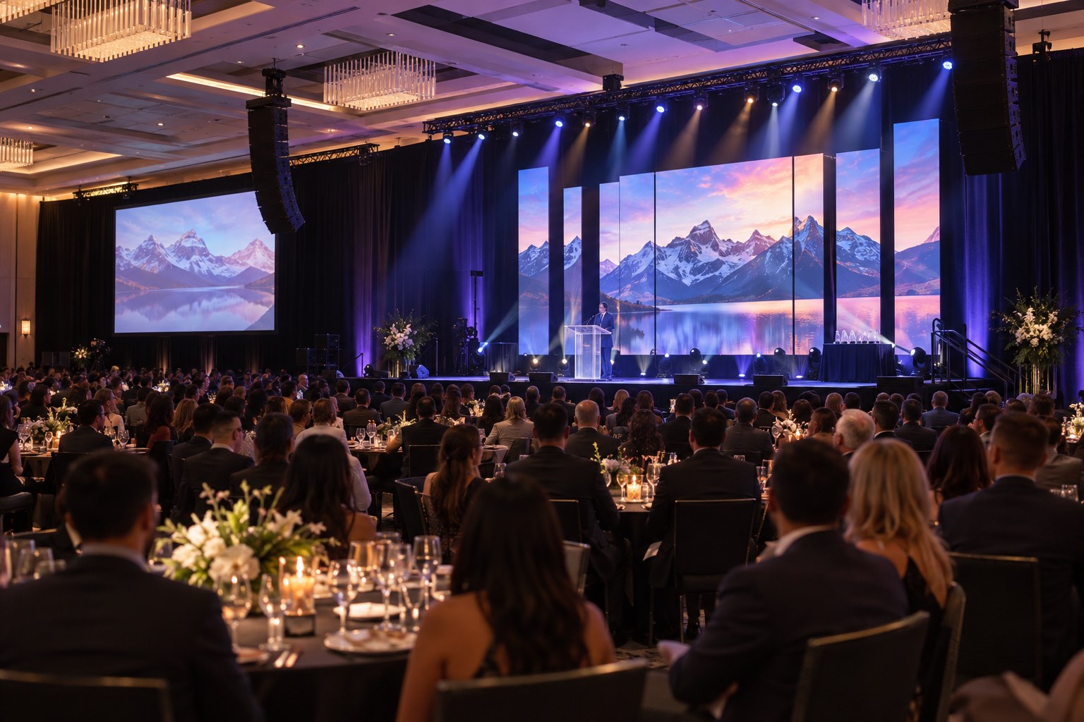 Professional audio visual setup supporting a corporate event