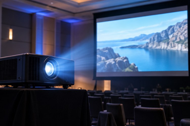 Projector and screen arranged for a presentation
