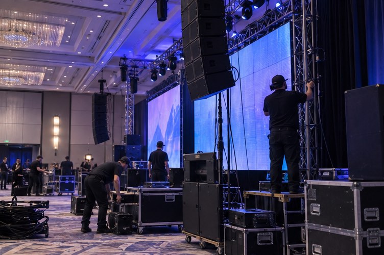 AV crew preparing an event setup
