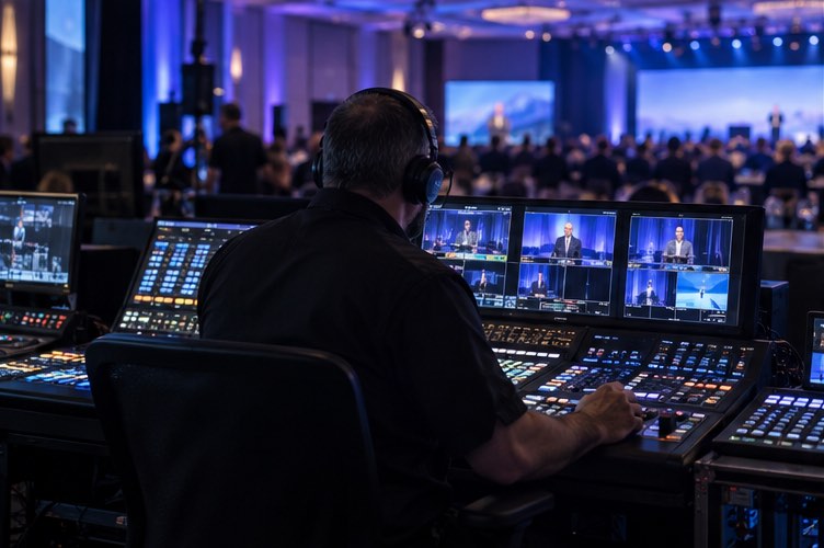 Event technician at a professional AV control console